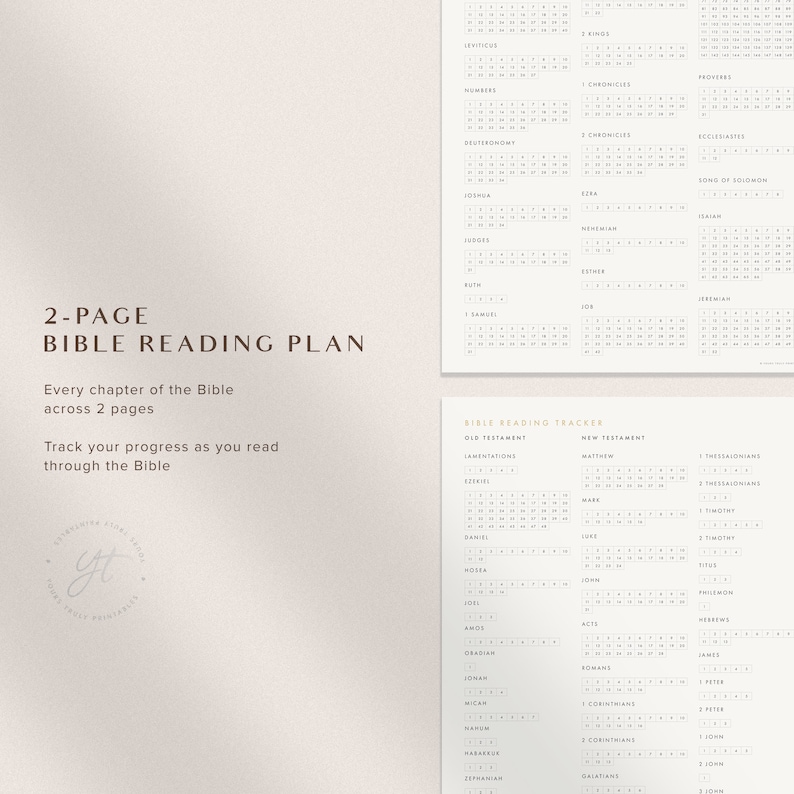 Op de afbeelding: Een printbare Bijbelleesplan-tracker met een tweezijdige lay-out. De tracker bevat een lijst van alle boeken van de Bijbel en een raster om elk hoofdstuk af te vinken zodra het is gelezen.
