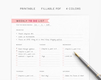 May include: A printable weekly to-do list with a pink header and the text "WEEKLY TO DO LIST". The list includes sections for priorities and daily tasks, with checkboxes for completion. A silver pen with a gold nib rests on the page.