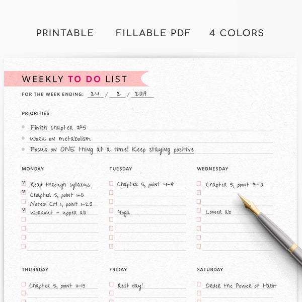 Weekly To Do List Printable, Free Fillable Weekly Planner PDF, Weekly To Do List Pad for Students, Cute Daily Planner for Week, Study Plan