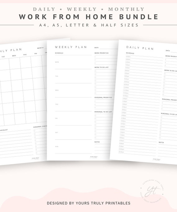 Work From Home Planner Bundle – Daily Half Hourly Template, Weekly Overview, Monthly Calendar, Lined Notes – Personal and Professional To Do