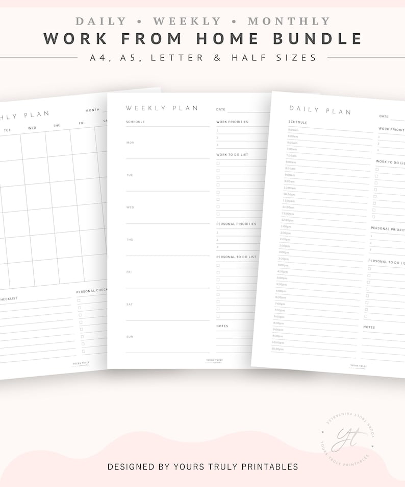 May include: Printable work from home planner bundle in A4, A5, Letter and Half sizes. The bundle includes a daily, weekly, and monthly planner. Each planner has sections for work priorities, to-do lists, personal priorities, personal to-do lists, and notes.