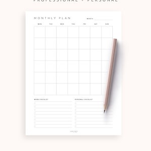 May include: A printable monthly planner with a grid for scheduling appointments and tasks. The planner includes sections for work and personal checklists.