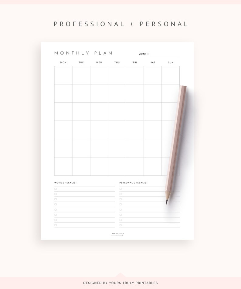 May include: A printable monthly planner with a grid for scheduling appointments and tasks. The planner includes sections for work and personal checklists.
