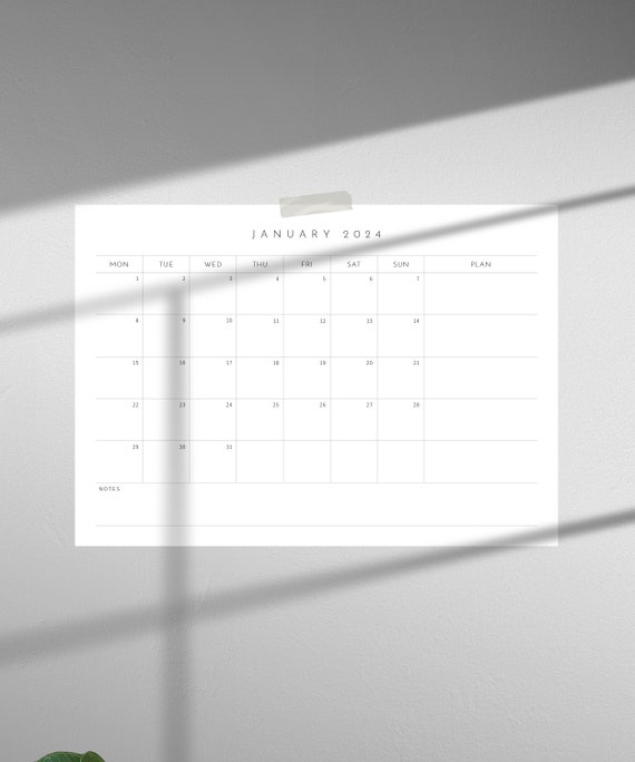 Modèle imprimable de calendrier mensuel 2024, calendrier de bloc