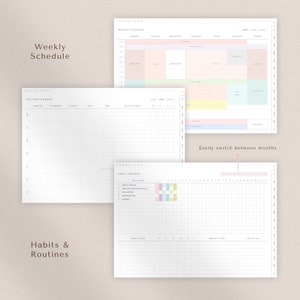 May include: A printable planner with sections for a weekly schedule, daily routines, habit tracking, and a monthly overview. The planner has a minimalist design with pastel colors and a grid layout.
