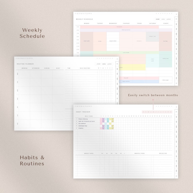 May include: A printable planner with sections for a weekly schedule, daily routines, habit tracking, and a monthly overview. The planner has a minimalist design with pastel colors and a grid layout.