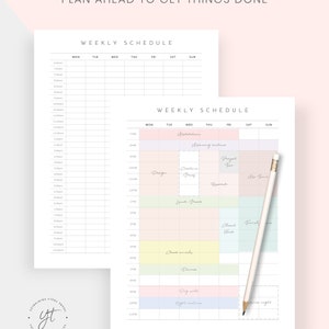 May include: A printable weekly schedule planner with a pink and light blue color scheme. The planner is divided into daily columns with hourly time slots from 7 AM to 11 PM. The planner includes a section for "Morning routine", "Creative work", "Project two", "Research", "Lunch break", "Client work", "Family time", "Check emails", "Dinner", "Dog walk", "Night routine", and "Free time".