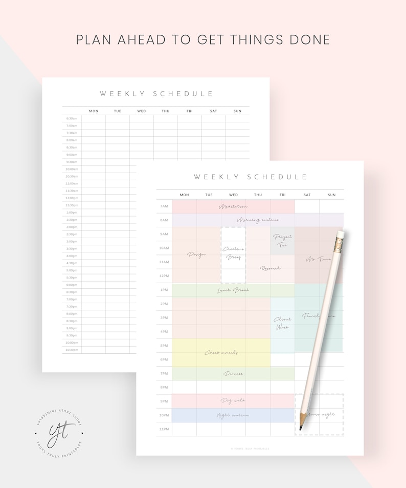 May include: A printable weekly schedule planner with a pink and light blue color scheme. The planner is divided into daily columns with hourly time slots from 7 AM to 11 PM. The planner includes a section for "Morning routine", "Creative work", "Project two", "Research", "Lunch break", "Client work", "Family time", "Check emails", "Dinner", "Dog walk", "Night routine", and "Free time".