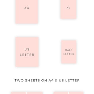 Peut inclure: Un t&eacute;l&eacute;chargement num&eacute;rique de formats de papier imprimables, y compris A4, A5, US Letter et Half Letter. L'image montre un fond rose avec les diff&eacute;rents formats de papier d&eacute;limit&eacute;s en blanc.