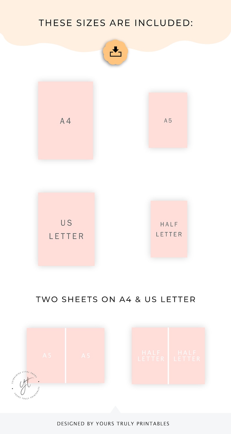 Peut inclure: Un t&eacute;l&eacute;chargement num&eacute;rique de formats de papier imprimables, y compris A4, A5, US Letter et Half Letter. L'image montre un fond rose avec les diff&eacute;rents formats de papier d&eacute;limit&eacute;s en blanc.