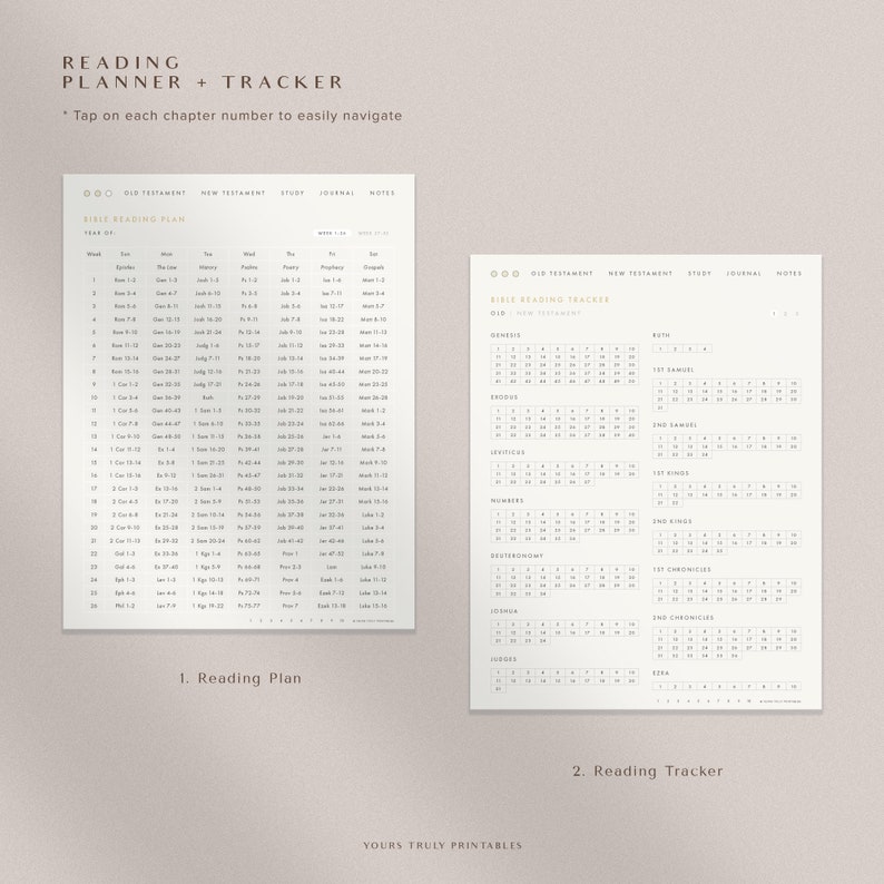 Pu&ograve; includere: Un pianificatore e un tracker di lettura della Bibbia stampabili con un design semplice. Il pianificatore include un piano di lettura settimanale con i capitoli elencati per ogni giorno della settimana. Il tracker include una griglia per ogni libro della Bibbia per segnare i capitoli letti.