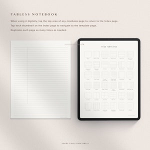 Pu&ograve; includere: Un taccuino digitale con una pagina vuota e una pagina con vari modelli di pagina. I modelli includono layout vuoti, rigati, a griglia, a punti e di calendario. Il testo "TABLESS NOTEBOOK" e "PAGE TEMPLATES" &egrave; visibile sulle pagine.