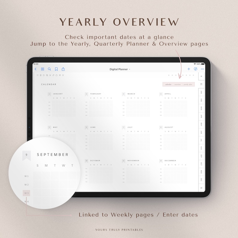 May include: A digital planner app on a tablet screen displaying a yearly calendar overview. The calendar is divided into 12 months, with each month having its own grid. The app has a simple, minimalist design with a white background and black text. The app also has a feature that allows users to link to weekly pages and enter dates.