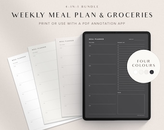 Digital Weekly Meal Planner with Grocery Shopping List, Printable Menu Planner Template, GoodNotes Family Food Planning, Minimalist Planner
