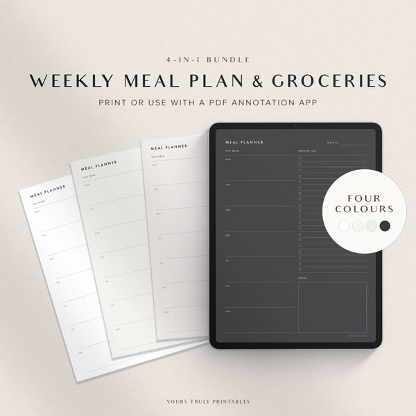 Digital Weekly Meal Planner with Grocery Shopping List, Printable Menu Planner Template, GoodNotes Family Food Planning, Minimalist Planner