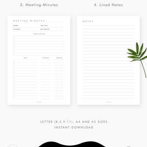 May include: Printable meeting minutes and lined notes template in black and white. The template includes sections for agenda, attendees, time and date, next meeting, things to discuss, tasks, by whom, and deadline. The lined notes template has a simple design with lines for writing.