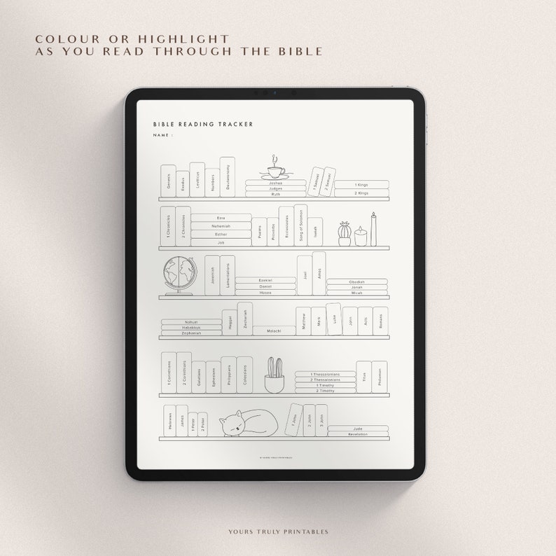 May include: A black and white printable Bible reading tracker with a bookshelf design. The tracker includes a space for a name and a list of books of the Bible.