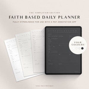 May include: A digital planner with a black background and white text. The planner is titled "Faith Based Daily Planner" and is fully hyperlinked for use with a PDF annotation app. The planner includes sections for daily tasks, meals, sleep, exercise, and more. The planner also includes a calendar view and a section for notes. The planner is available in four colors: white, gray, black, and a darker gray.