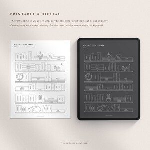 May include: Printable Bible reading tracker with a bookshelf design. The tracker is available in both digital and printable formats. The design features a bookshelf with various books, a cat, a potted plant, a coffee cup, and a clock.