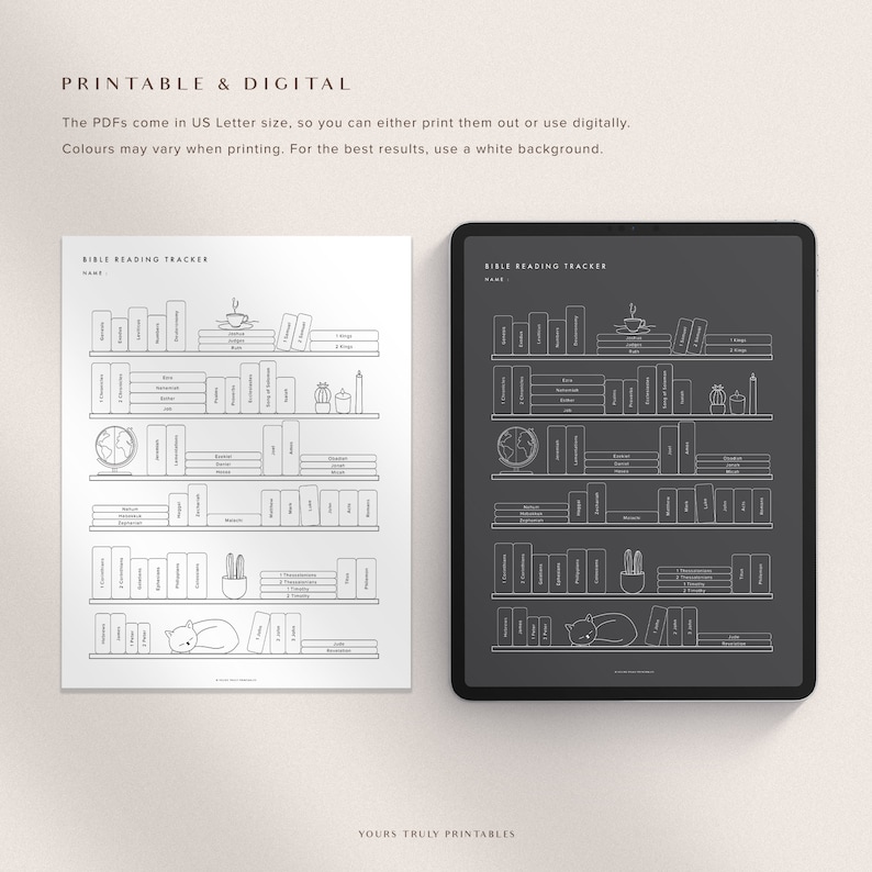 May include: Printable Bible reading tracker with a bookshelf design. The tracker is available in both digital and printable formats. The design features a bookshelf with various books, a cat, a potted plant, a coffee cup, and a clock.