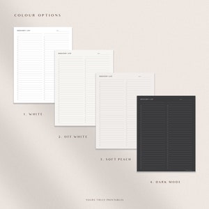 May include: Four different color options for a printable grocery list template. The options are white, off white, soft peach, and dark mode. The template has the words "Grocery List" at the top and a space for the date.