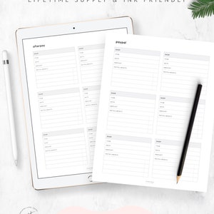 May include: Printable planner pages for tracking purchases made with Afterpay and Paypal. The pages are divided into sections for shop name, item, date, amount, and installments.