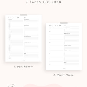 May include: Two printable planner pages, one for daily planning and one for weekly planning. Both pages have sections for work and personal priorities, to-do lists, and notes.