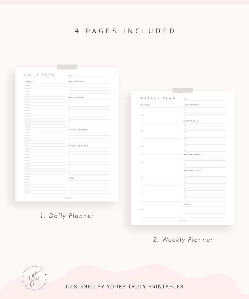 May include: Two printable planner pages, one for daily planning and one for weekly planning. Both pages have sections for work and personal priorities, to-do lists, and notes.