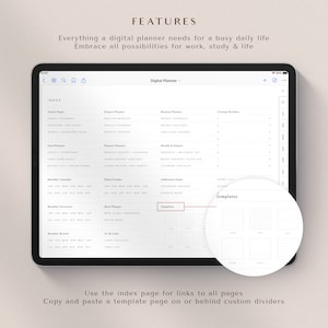 May include: A digital planner app interface with a list of features, including yearly pages, goal planner, monthly calendar, monthly overview, monthly review, project planner, routine planner, finance planner, health and fitness, habit tracker, additional pages, and templates. The app interface is displayed on a tablet.