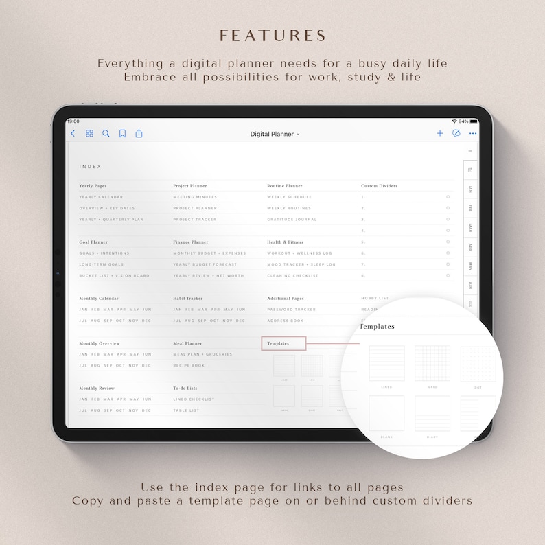 May include: A digital planner app interface with a list of features, including yearly pages, goal planner, monthly calendar, monthly overview, monthly review, project planner, routine planner, finance planner, health and fitness, habit tracker, additional pages, and templates. The app interface is displayed on a tablet.
