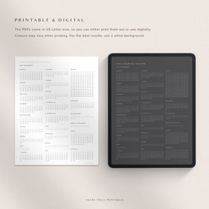 Op de afbeelding: Twee printbare Bijbelleesplanners, een in zwart-wit en een in donkergrijs. Beide planners hebben een rasterindeling met de namen van de boeken van het Oude Testament aan de linkerkant en de nummers 1-31 bovenaan.