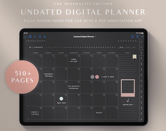 Undated Digital Planner, Dark Mode Planner, GoodNotes Planner, Life Planner, Minimalist Weekly Planner, Daily Agenda, Black iPad Planner