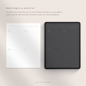 May include: Printable and digital daily planner with sections for scriptures, discernments, appreciations, and prayers. The planner is in US Letter size and has a black and white color scheme.