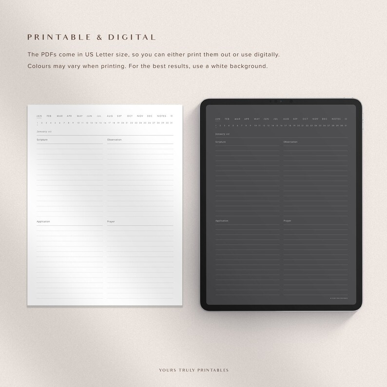 May include: Printable and digital daily planner with sections for scriptures, discernments, appreciations, and prayers. The planner is in US Letter size and has a black and white color scheme.
