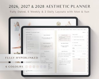 2026, 2027 & 2028 Aesthetic Planner Digital Planner GoodNotes Planner Student iPad Planner Hyperlinked Daily Planner Weekly Hourly