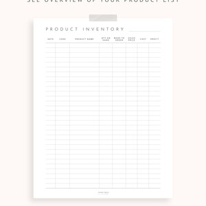 May include: A printable product inventory sheet with columns for date, code, product name, quantity on hand, made to order, sales price, cost, and profit.