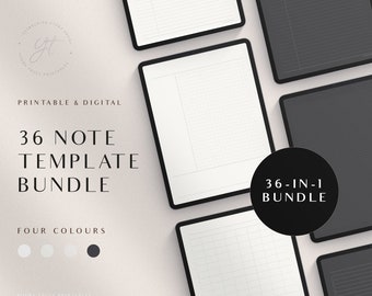 Digital Note Page Template Bundle, Printable Note Taking Pages, GoodNotes Dark Mode Notebook, Blackout Lined Grid Cornell Notes, Study Notes