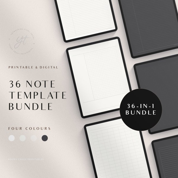 Digital Note Page Template Bundle, Printable Note Taking Pages, GoodNotes Dark Mode Notebook, Blackout Lined Grid Cornell Notes, Study Notes