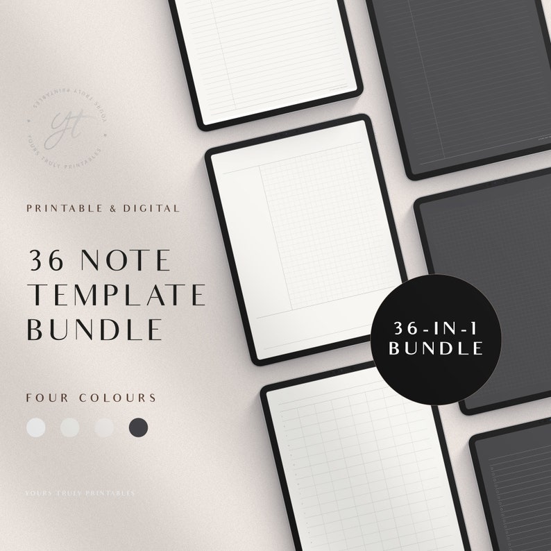 Pu&ograve; includere: Un pacchetto di prodotti digitali che include 36 modelli di note stampabili in quattro colori: bianco, grigio chiaro, grigio scuro e nero. Il testo "36 Note Template Bundle" e "36-in-1 Bundle" &egrave; visibile nell'immagine.