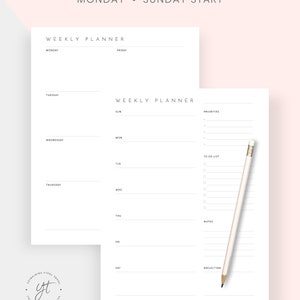 May include: A printable weekly planner with a simple design. The planner is divided into two pages, one for Monday through Friday and the other for Sunday through Saturday. The planner includes sections for priorities, to-do list, notes, and reflection.