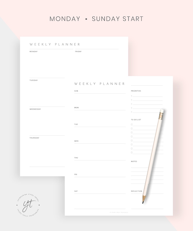 May include: A printable weekly planner with a simple design. The planner is divided into two pages, one for Monday through Friday and the other for Sunday through Saturday. The planner includes sections for priorities, to-do list, notes, and reflection.