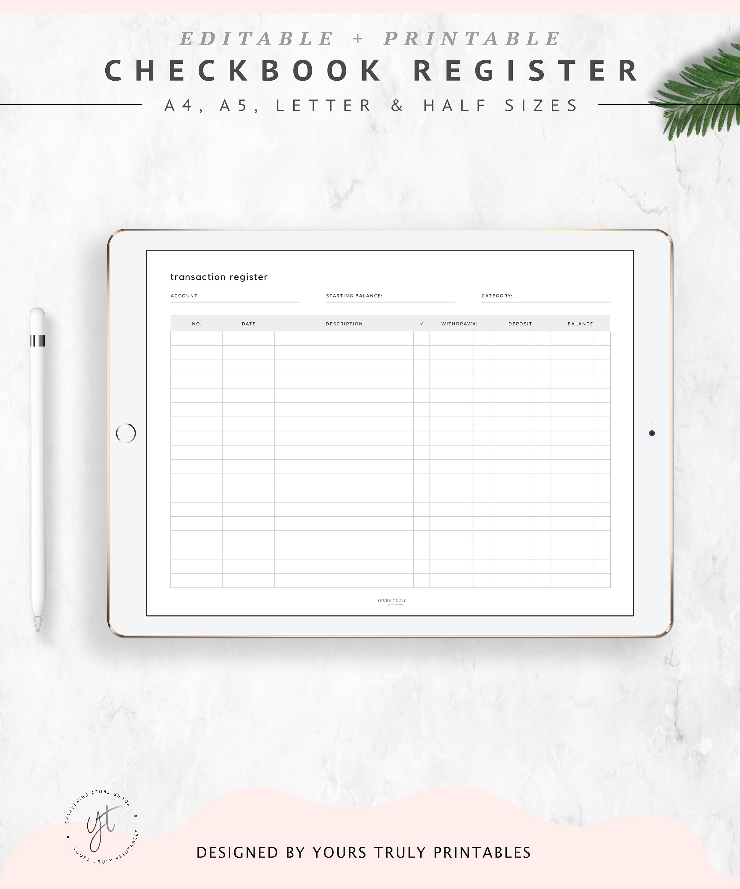 Editable Checkbook Register Template Printable Cash Register | Etsy