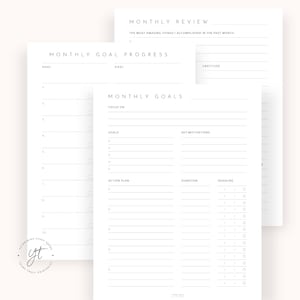 May include: Printable monthly planner with sections for reviewing accomplishments, setting goals, and tracking progress. The planner includes sections for focus, goals, key motivations, action plan, duration, and deadlines.
