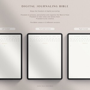 Pu&ograve; includere: Tre modelli di diario digitale per uno studio biblico. I modelli sono etichettati come "Mancino", "Versione a dimensione intera" e "Destro". Ogni modello ha un'intestazione con le parole "Antico Testamento", "Nuovo Testamento", "Studio", "Diario" e "Note". I modelli sono progettati per essere utilizzati su un tablet o un computer.