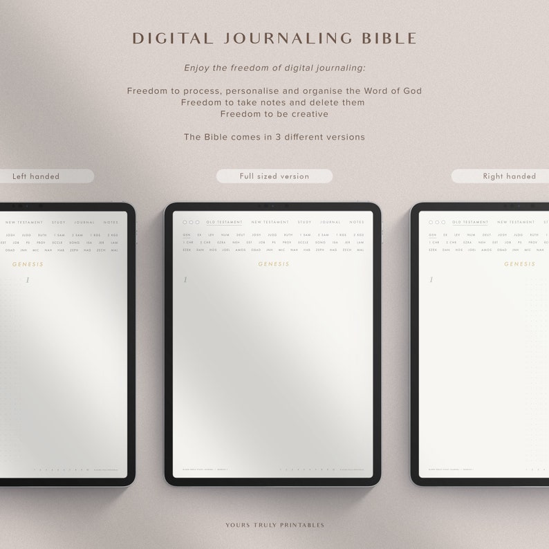 Pu&ograve; includere: Tre modelli di diario digitale per uno studio biblico. I modelli sono etichettati come "Mancino", "Versione a dimensione intera" e "Destro". Ogni modello ha un'intestazione con le parole "Antico Testamento", "Nuovo Testamento", "Studio", "Diario" e "Note". I modelli sono progettati per essere utilizzati su un tablet o un computer.