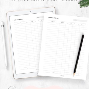 May include: Two printable cash breakdown sheets with the text "cash breakdown" at the top of each sheet. The sheets are divided into columns labelled "Envelopes" and "Amount". The sheets are designed for use with cash envelopes.