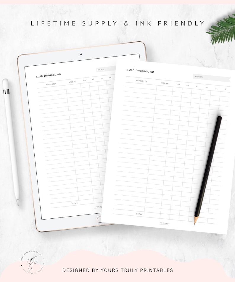 May include: Two printable cash breakdown sheets with the text "cash breakdown" at the top of each sheet. The sheets are divided into columns labelled "Envelopes" and "Amount". The sheets are designed for use with cash envelopes.