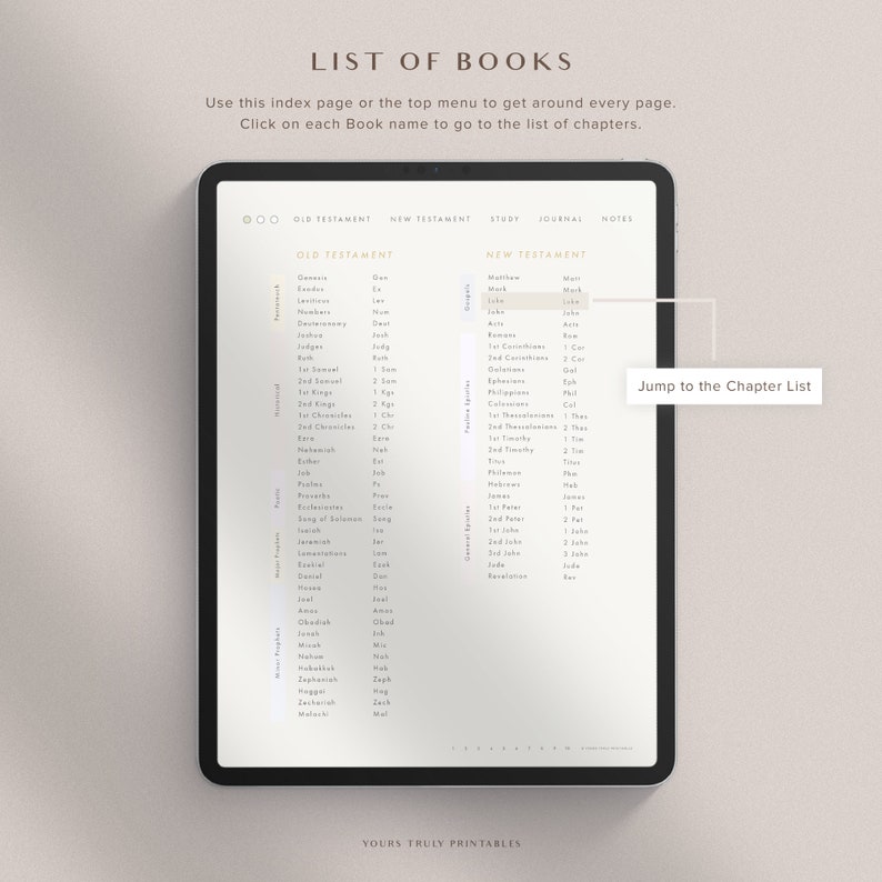 Pu&ograve; includere: Una pagina di un planner digitale con un elenco di libri dell'Antico e del Nuovo Testamento. La pagina &egrave; divisa in due colonne, una per l'Antico Testamento e una per il Nuovo Testamento. I libri sono elencati in ordine alfabetico. La pagina include anche un pulsante "Vai all'elenco dei capitoli".