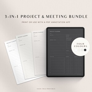 Op de afbeelding: Een digitale plannerbundel met vier kleur opties. De bundel bevat drie projectplanner sjablonen en één meetingplanner sjabloon. De sjablonen zijn ontworpen voor gebruik met een PDF-annotatie-app. De tekst "3-IN-1 PROJECT & MEETING BUNDLE" en "PRINT OR USE WITH A PDF ANNOTATION APP" wordt bovenaan de afbeelding weergegeven.