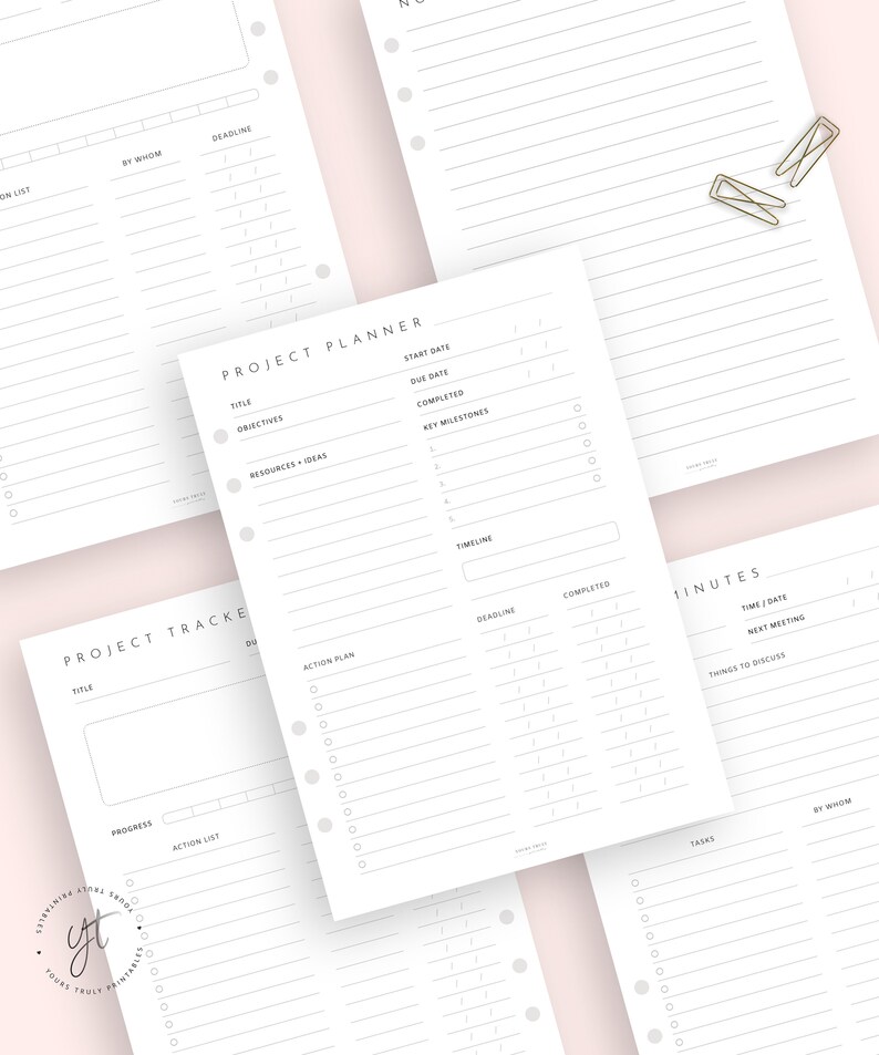 May include: A set of printable planner pages with sections for project planning, tracking, and meeting minutes. The pages are designed with a minimalist aesthetic and feature a simple, clean layout.